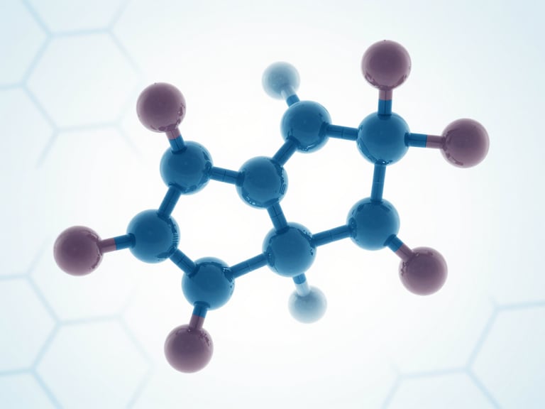 Close-up of a blue-tinted molecular model of GHK-Cu peptide, with a subtle hexagonal grid background, clean scientific photography, bright high-key clinical light, pale blue and white tones, macro depth of field