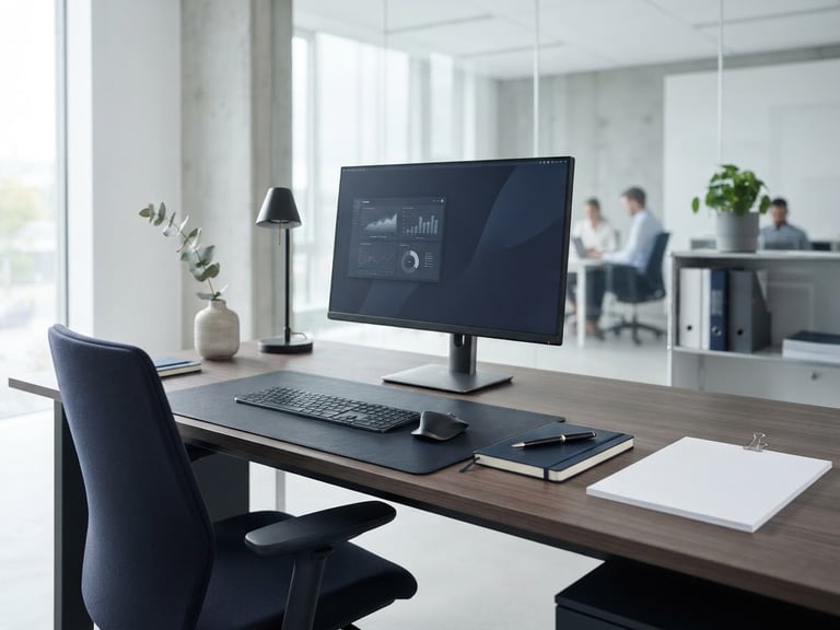 An organized minimalist corporate office desk, sharp lines, clean documents, cool slate and navy tones, bright neutral daylight, professional focus.