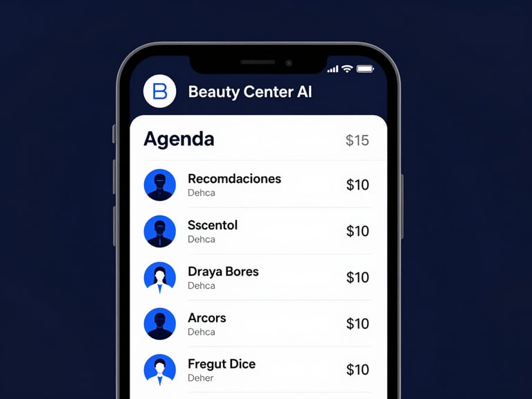 Captura de pantalla de Beauty Center AI mostrando una agenda de citas con detalles de clientes y recomendaciones de tratamientos, con acentos azules.