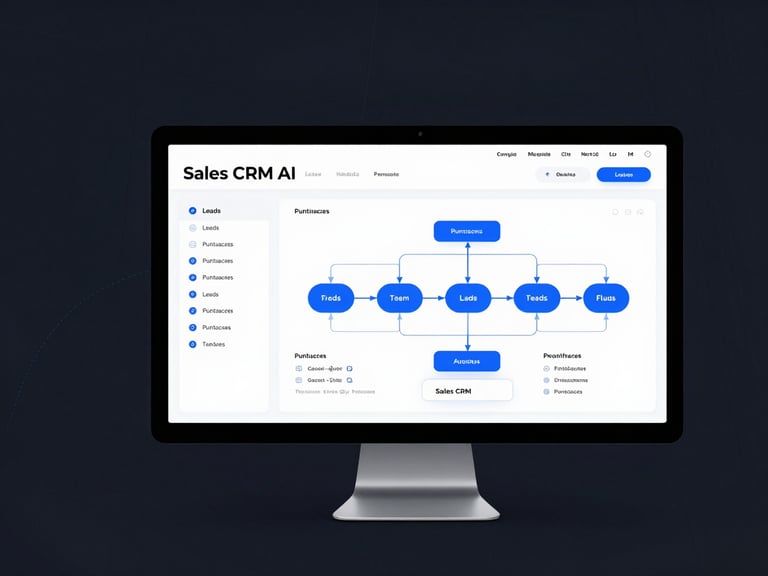 Maqueta de Sales CRM AI en un monitor, destacando un dashboard de leads con puntuaciones y un flujo de trabajo de ventas en azul.