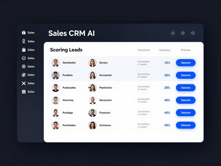 Interfaz de usuario de Sales CRM AI mostrando un módulo de scoring de leads con una lista de prospectos y sus puntuaciones predictivas, resaltando datos clave con un brillo azul.