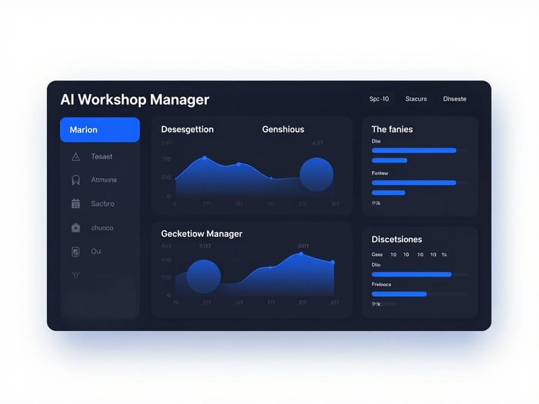 Interfaz de usuario de AI Workshop Manager en modo oscuro, mostrando un panel de gestión de tareas con gráficos y datos en azul eléctrico.