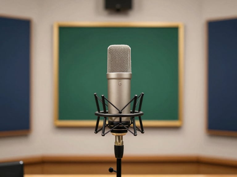 Professional broadcasting studio in Tripoli, high-end microphones, warm corporate lighting with deep green and gold accents, clean editorial composition.