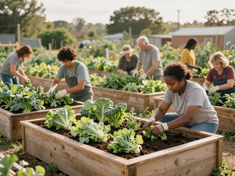 A vibrant community garden with raised wooden beds under soft morning sun, where local residents of diverse backgrounds are actively planting and harvesting fresh green vegetables together.