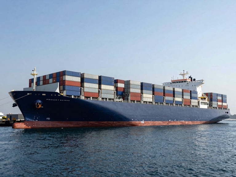 Wide-angle daylight shot of a modern container ship docked at a clean, structured global shipping port, deep navy water.