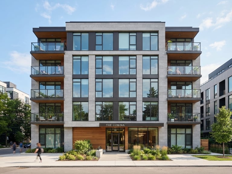 Straight-on architectural shot of a modern residential building facade with clean lines and large windows under bright daylight, 35mm lens