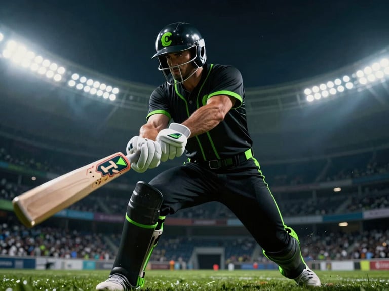 Low-angle heroic shot of a batsman focused under dramatic stadium floodlights, deep shadows, neon green accents, motion blur, cinematic action, octane render
