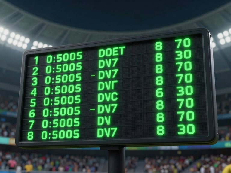 High-tech digital leaderboard with neon green glowing scores, blurred stadium background, dynamic 3D render, high-contrast UI elements