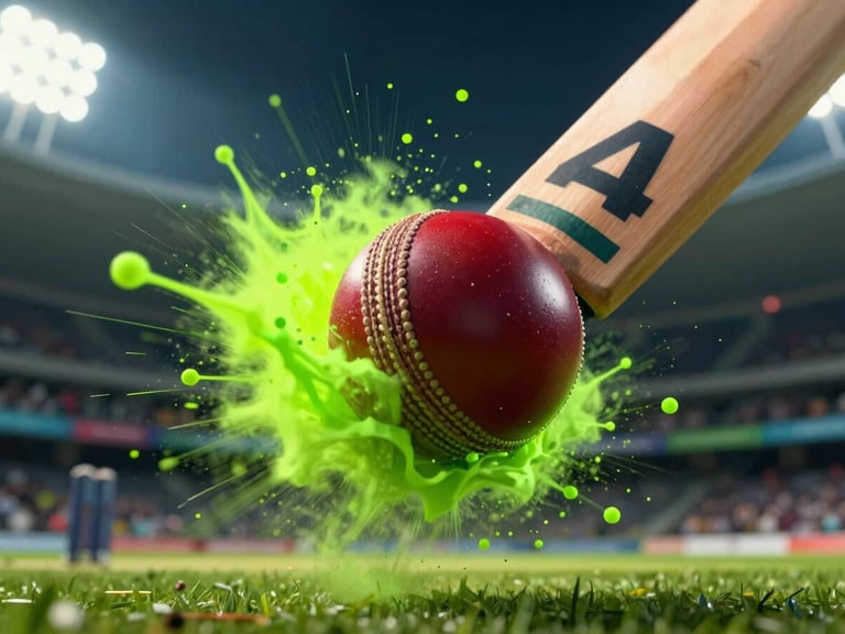 Extreme close-up of a cricket ball hitting a bat, exploding into neon green particles with motion blur, dramatic stadium night lighting, high-contrast, octane render