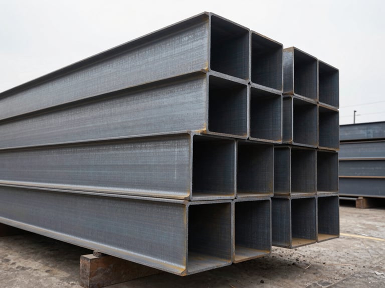 Industrial photography, cold overcast daylight, massive stacked steel beams in a Monterrey distribution center, sharp details, high contrast steel textures, 35mm lens