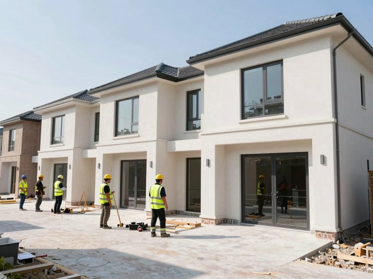 Medium shot of a residential renovation in progress, team members in high-visibility gear, clean work area, natural daylight, high contrast, architectural details.