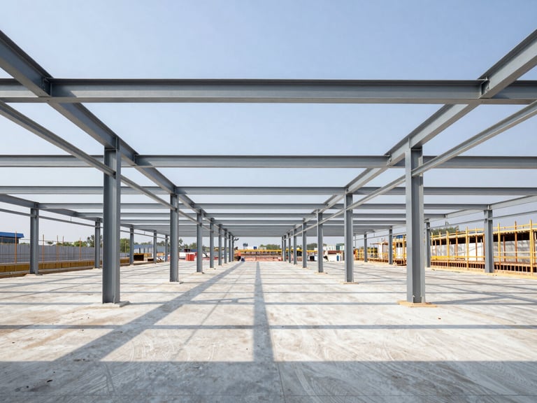 Wide shot of a clean, active commercial construction site interior, steel beams visible, natural daylight, high contrast, straight-on architectural angle.