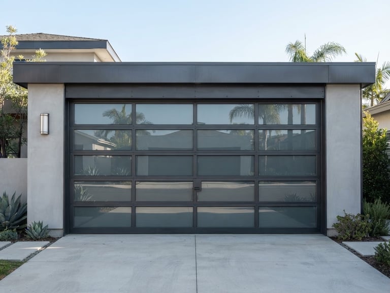 Straight-on architectural shot of a modern steel garage door on a Santa Ana home, bright natural daylight, clean industrial tones.