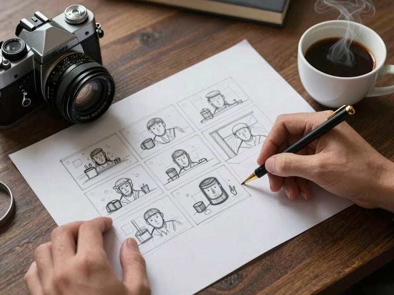 Overhead shot of hands sketching a storyboard on butcher paper next to a vintage camera and a steaming cup of black coffee, warm moody indoor lighting.