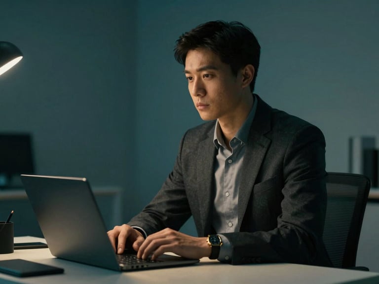 Polished creative director looking off-camera in a high-end minimalist design studio, dramatic low-key lighting, deep teal color grade, 35mm