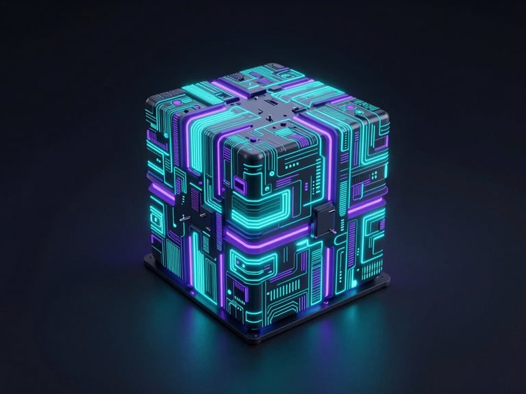 Sleek 3D render of a glowing quantum computing core, abstract digital engineering data visualization, vibrant teal and purple neon accents, dark ambient lighting, octane render, wide angle