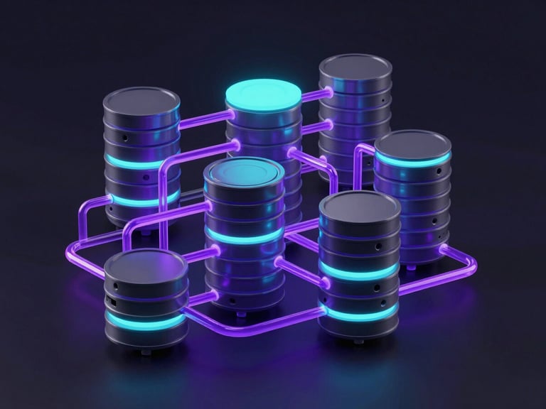 Abstract 3D rendering of complex database schemas and glowing purple data pipelines, dark background