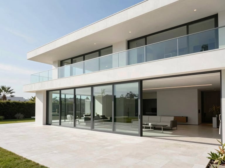 Wide architectural shot of a modern luxury villa with floor-to-ceiling sliding glass doors, bright natural daylight, clean minimalist interiors, 35mm lens