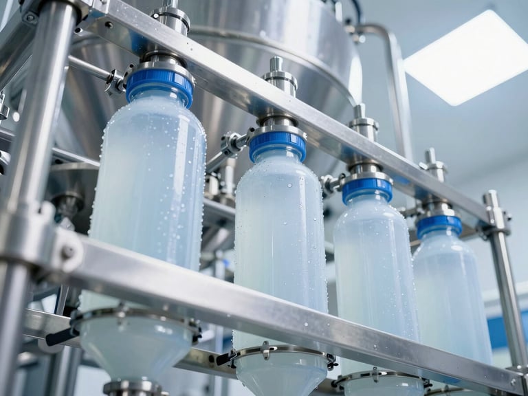 Low-angle heroic shot of an advanced automated beverage manufacturing facility, stainless steel filtration lines with cool blue and crisp white highlights, clean clinical precision.