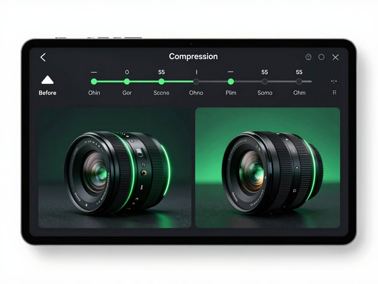 Sleek tech interface displaying image compression slider, before and after comparison, sharp dark mode UI, neon green glow, 50mm lens