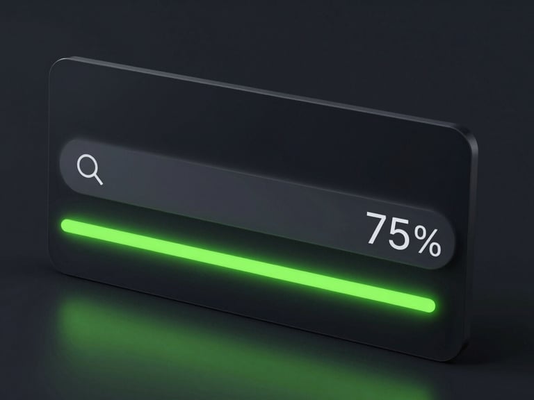 Sleek tech mockup of a dark mode user interface with a search bar and a neon green compression slider showing a 75 percent file size reduction