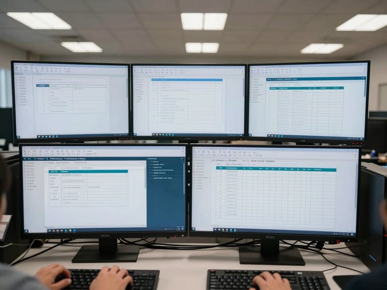 Close overhead shot of a large enterprise workstation desk, multiple screens displaying compliance workflow diagrams and data access permission matrices, hands at keyboard visible at bottom edge, even fluorescent office lighting, institutional setting, no faces