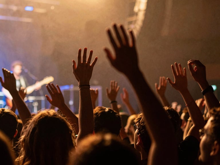 Hands of fans in the front row reaching toward the stage, silhouetted against warm amber stage lights, hazy atmosphere