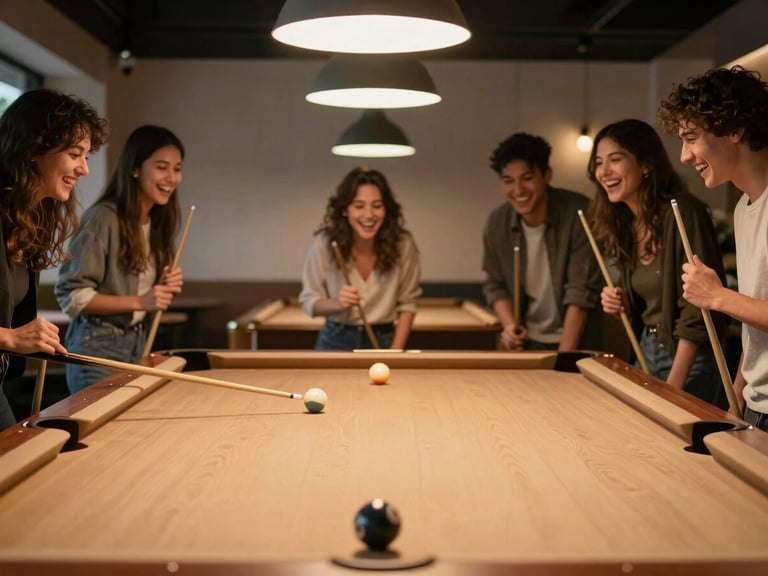 A group of friends laughing around a brightly lit billiard table, holding cues, warm indoor lighting, shallow depth of field, modern minimalist cafe interior visible in background