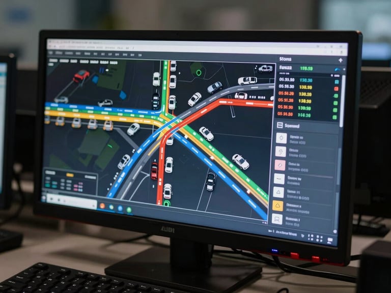Close-up wide-angle shot of a large control-room monitor showing a live traffic flow dashboard with route segments color-coded by congestion level, a sidebar of intersection vehicle counts, and a timestamp readout — monitor glow the dominant light source, dark surroundings, keyboard partially visible in the foreground