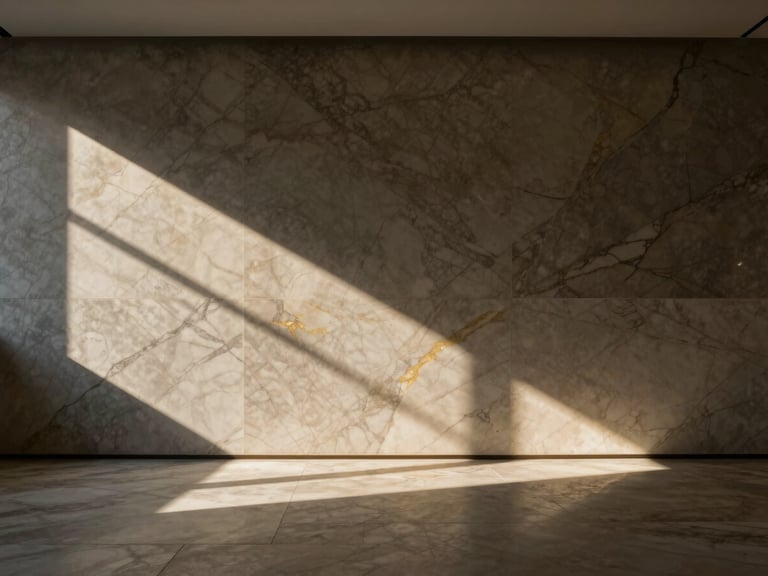 Wide-angle environmental shot of a minimalist luxury interior, veined marble walls, deep shadows, dramatic natural light shaft