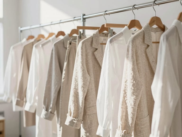 A bright modern design studio with clothing racks, structured linen garments hanging, clean daylight casting soft shadows, 35mm lens