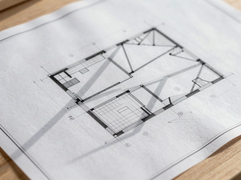 Close-up of architectural blueprint overlaid on a timber surface, with drafting tools, sharp geometric shadows, 35mm