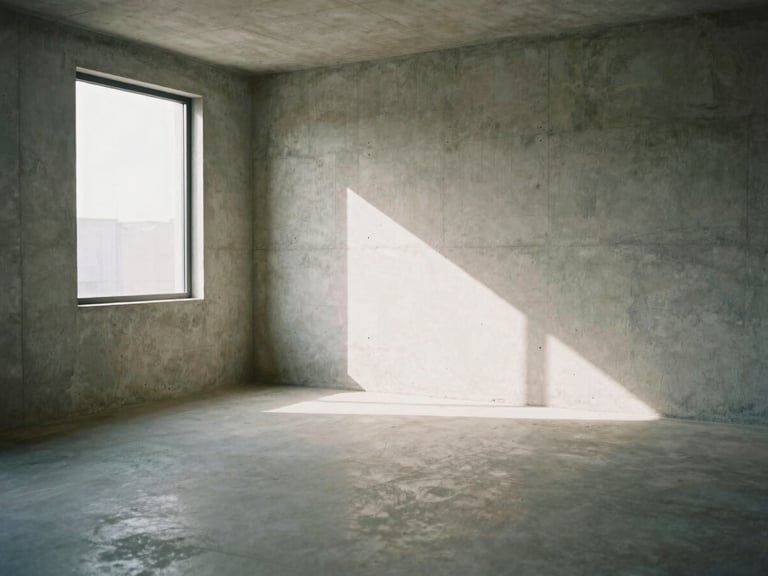 Wide empty room with sharp geometric shadows from a window, raw concrete walls, soft overcast daylight, 35mm