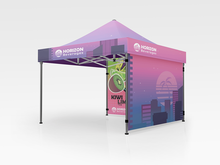 A tent with Horizon Beverages branding