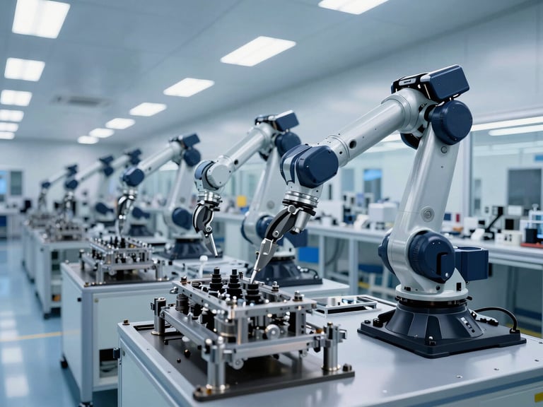 Wide-angle cleanroom factory floor of a modern automotive plant, automated robotic arms assembling components, cool blue lighting, high-tech industrial aesthetic.