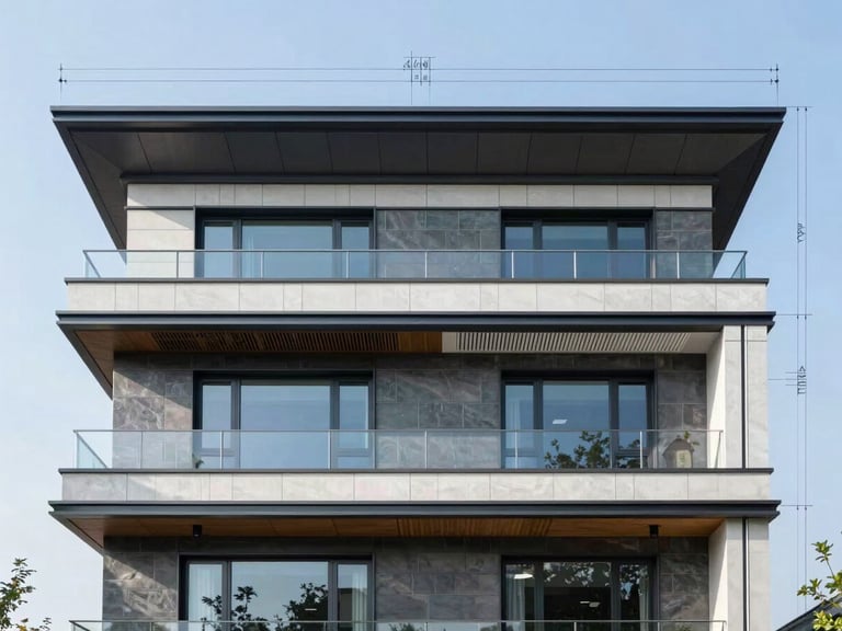 Straight-on architectural elevation of a modern luxury residence with integrated HVAC linear diffusers, crisp daylight, technical blueprint overlay lines.