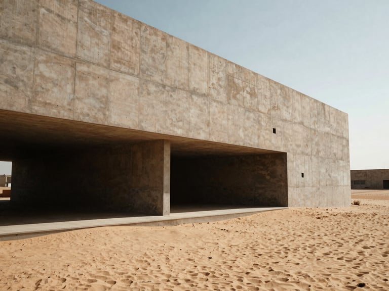 Wide-angle low-angle architectural shot of a modern minimalist concrete building facade under sharp natural sunlight and deep shadows, warm desert sand tones, 35mm photography