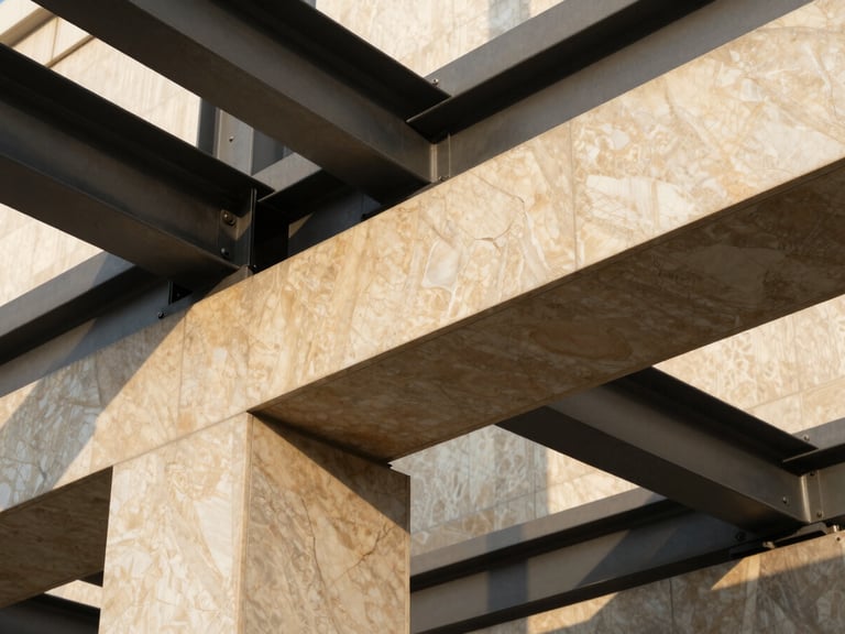 Close-up of premium polished marble and dark structural steel beams, high contrast natural sunlight, architectural detail, warm sand tones, 35mm