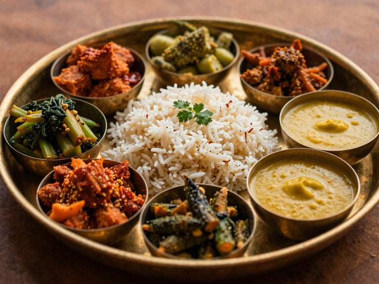 Colorful vegetarian thali with various vegetable dishes, rice, and dal in a brass kasa plate, warm earthy tones
