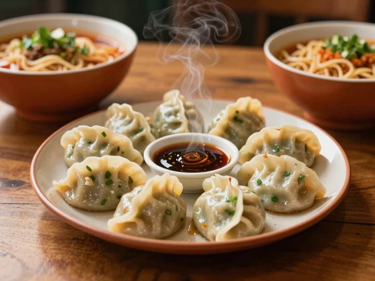 Plate of steaming momos with dipping sauce, or a bowl of noodles, on a wooden table, warm ambient light