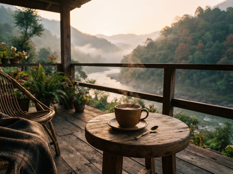 Cozy morning light on the wooden veranda of Suryodaya Homestay, a steaming cup of tea on a small table, forested hills rising in the soft mist across the river.