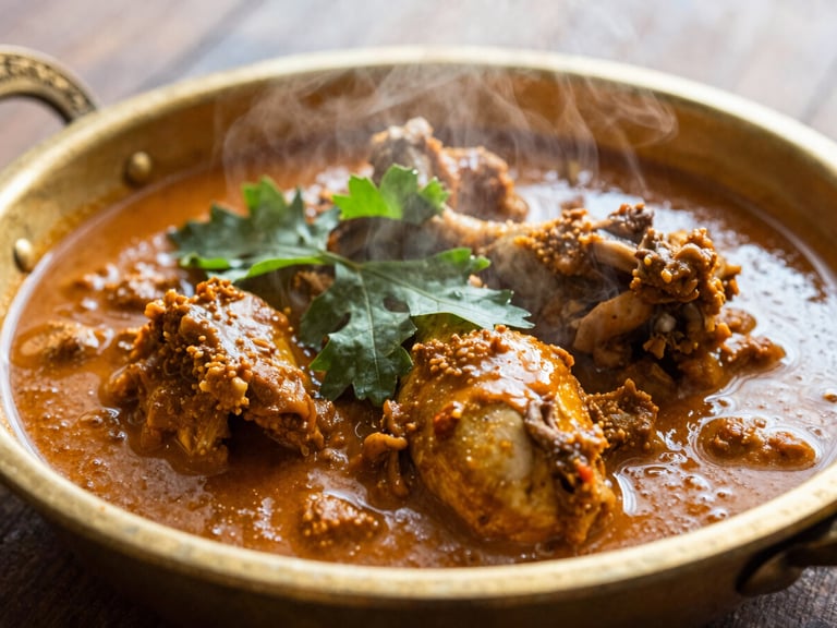Close-up of a rustic chicken curry meal served in a brass kasa plate, steam rising, natural daylight, warm tones