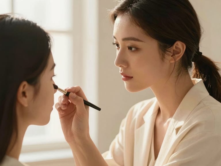 Close-up of a female stylist with warm, soft natural light, focused on applying makeup to a client, showcasing precision and care. Ivory and beige tones, shallow depth of field.
