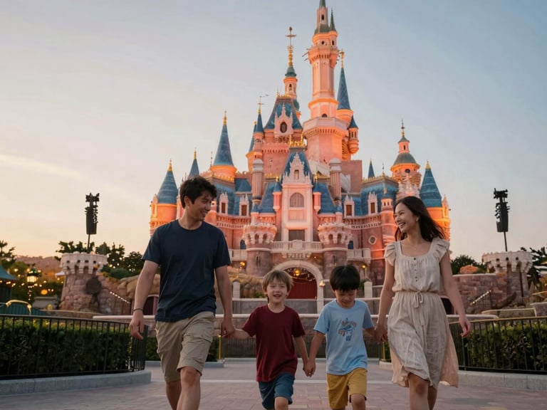A happy family walking together near a beautifully illuminated castle at dusk, soft warm twilight sky, genuine smiles, natural candid composition.
