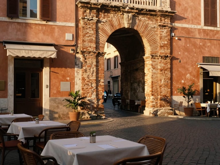 A sun-drenched Roman street with outdoor cafe tables, ancient brick archway in the background, warm terracotta tones, golden hour light, 35mm photography.