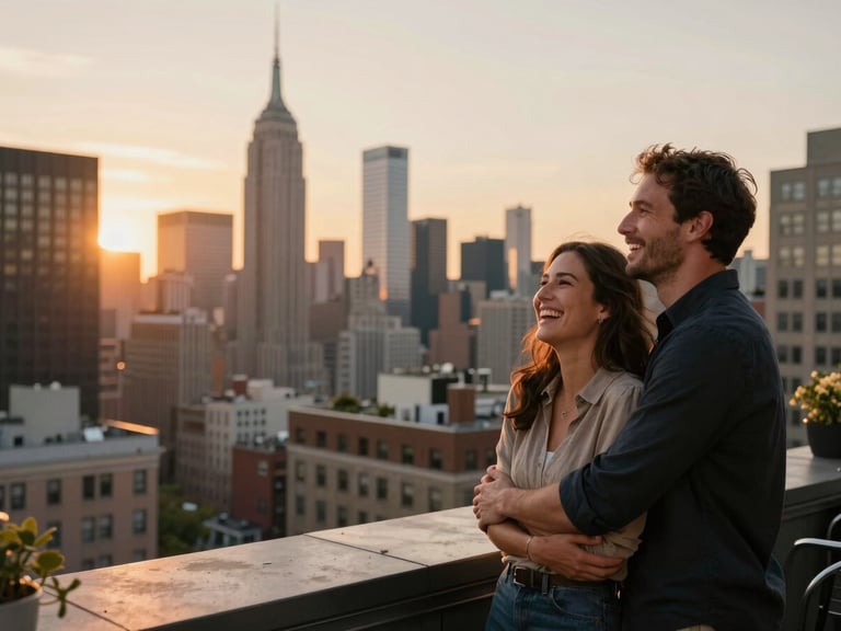 A couple laughing on an elegant Manhattan rooftop terrace at sunset, looking out over the city skyline, warm natural light, authentic lifestyle travel photography.