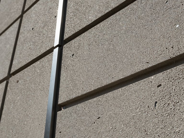 Close-up of textured ash plaster panels with embedded cold-rolled steel accents, low-angle raking light showing deep tactile details.