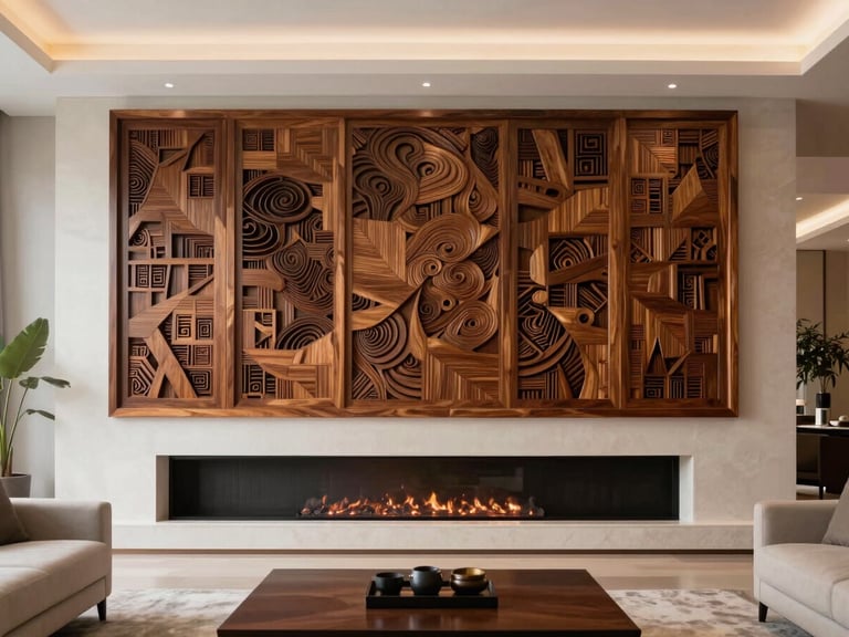A wide environmental shot of a luxury living room with a large-scale hand-carved wood panel installation above a minimalist fireplace, soft overcast daylight.