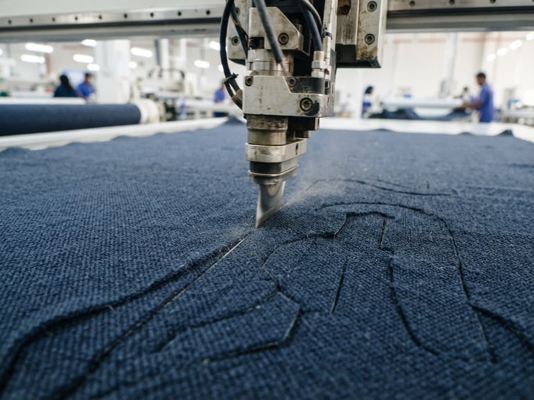 Macro photography of high-speed cutting machines slicing technical navy blue fabrics in a bright, modern UAE textile factory.