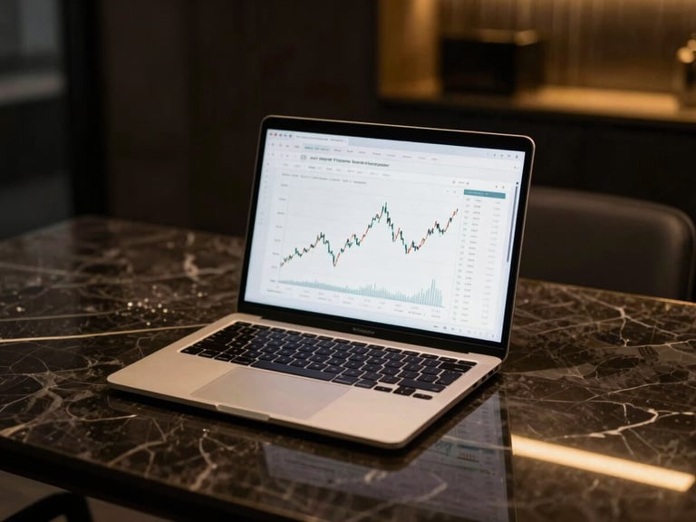 Sleek modern laptop open on a dark marble desk, displaying clean financial charts, warm golden rim lighting, luxury office setting